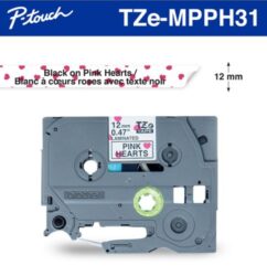 TZEMPPH31 - BROTHER 12MM BLACK ON PINK HEARTS TAPE
