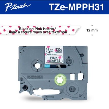 TZEMPPH31 - BROTHER 12MM BLACK ON PINK HEARTS TAPE